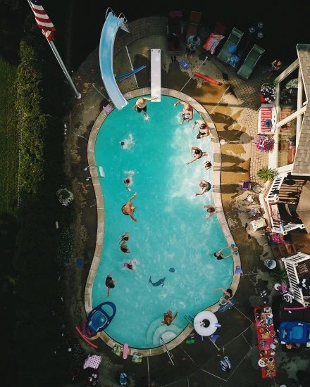 About 1 vertical high angle view pool party sunlight us 1