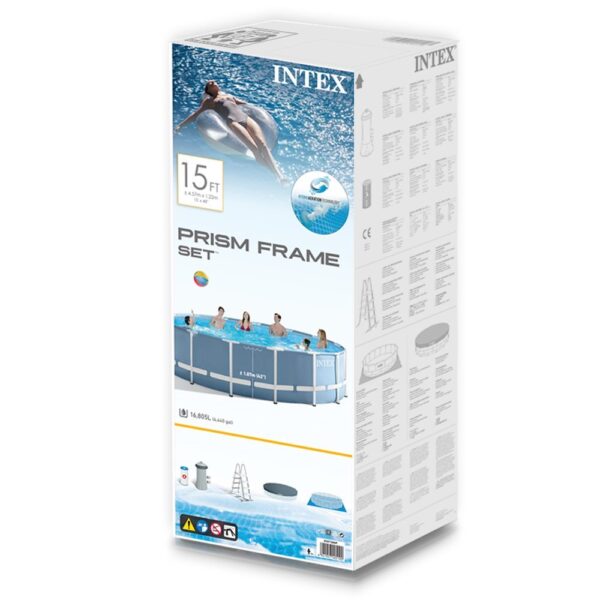 Family swimming in Intex 15ft x 48in Prism Frame Pool with ladder, pump, and accessories