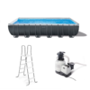 Alt Text: Intex 24x12x4.5 foot rectangular above-ground pool with metal frame, ladder, and sand filter pump.