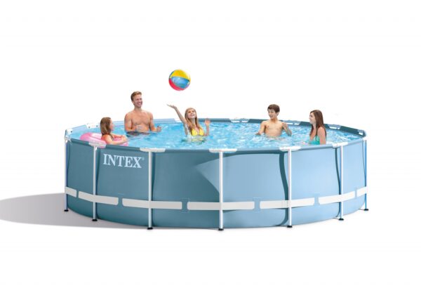 1. Sturdy round Intex Prism Frame Pool 15ft filled with water, including ladder, pump, and accessories.