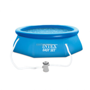 A family enjoying the Intex Easy Set 10-foot inflatable pool filled with clear water.
