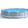 Intex 26700 10ft round metal frame above-ground swimming pool filled with water.