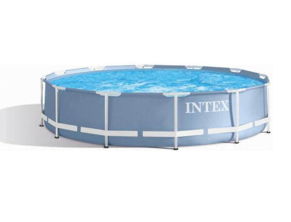 Intex 26700 10ft round metal frame above-ground swimming pool filled with water.
