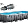 Large rectangular Intex pool set with steel frame, accessories, and packaging boxes displayed.