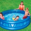Intex 58431 blue round inflatable kids pool with triangle-patterned inner wall and two-ring structure.