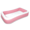 Rectangular pink and white inflatable Intex family pool with three air chambers and spacious interior.