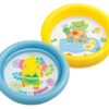 "Yellow inflatable baby pool with cartoon animals on the base, including a frog, turtle, and duck."
