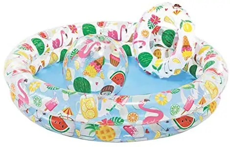 Round inflatable children's pool with beach ball and swim ring, all decorated in vibrant summer designs.