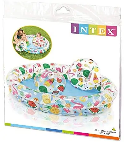 Inflatable Intex kiddie pool set with colorful summer-themed prints, including a beach ball and swim ring.