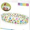 Small inflatable pool for kids, decorated with playful sea creatures in bright colors.