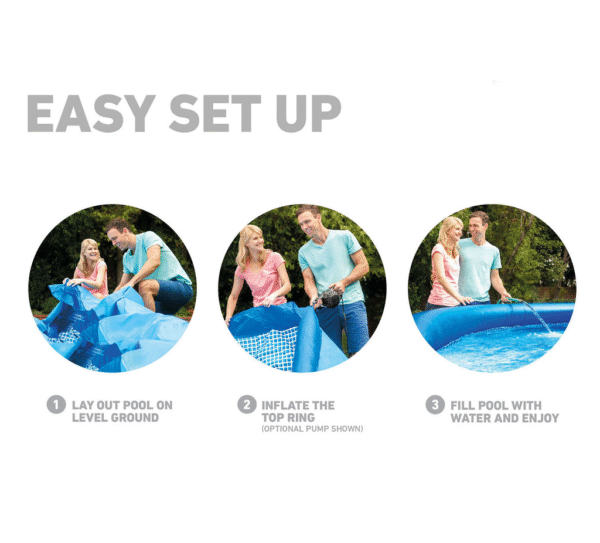 3. Family-sized Intex Easy Set pool with inflated top ring and water rippling inside.