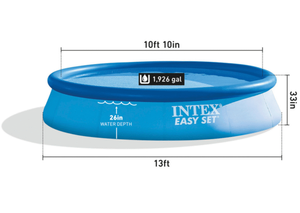 Above-ground Intex pool with a 13-foot diameter and 33-inch depth, showcasing durable sidewalls.