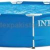 Blue Intex round above-ground pool with metal support frame, model 28200, shown filled with water.