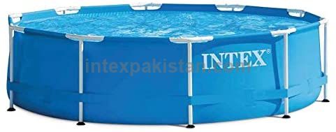 Blue Intex round above-ground pool with metal support frame, model 28200, shown filled with water.