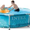 Intex 10ft metal frame round pool with clear blue water and sturdy white support legs.