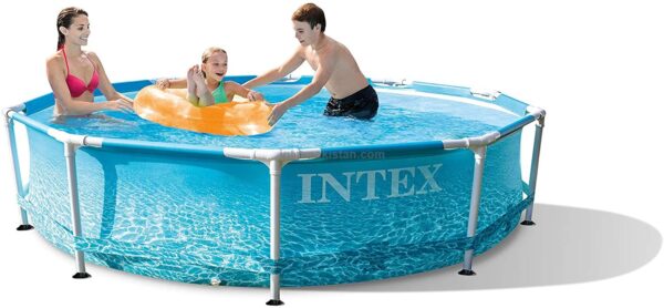 Intex 10ft metal frame round pool with clear blue water and sturdy white support legs.